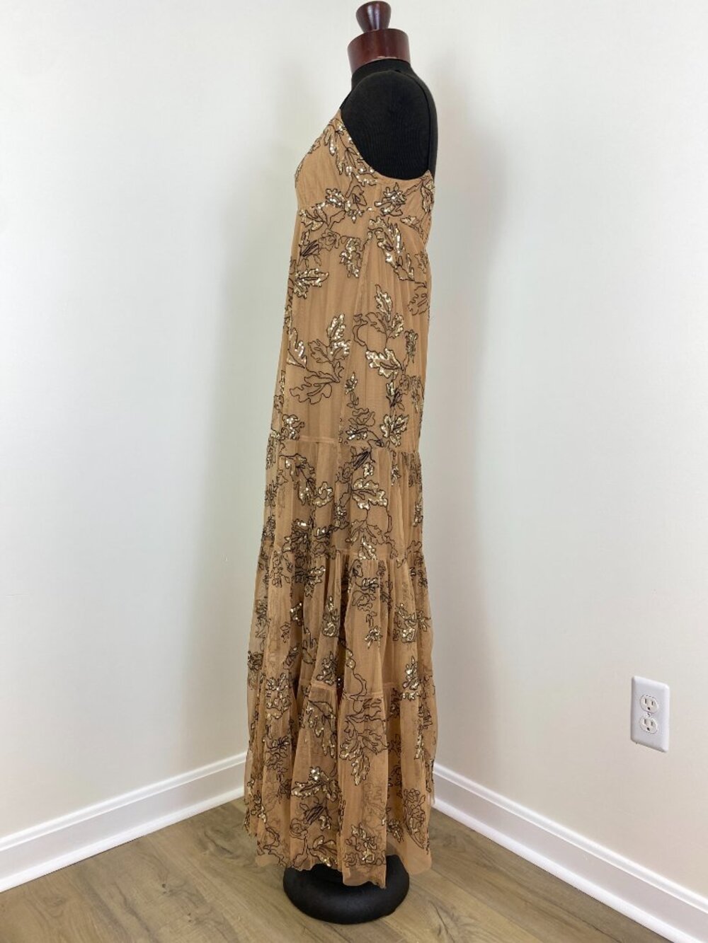Anthropologie Sequined Tulle Midi/Maxi Dress Tan Embroidered Wedding Guest XS - Picture 3 of 12